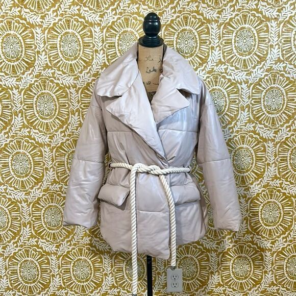 NWT A.L.C. Liam Faux Leather Rope Belt Puffer Coat Jacket in Fog $695 size M - Picture 6 of 16
